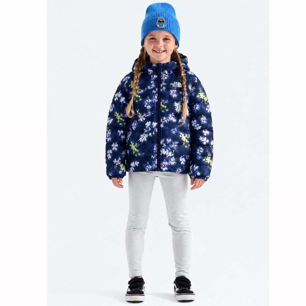 The North Face Girls Reversible Perrito Hooded Puffer Jacket Blue Floral Size XS